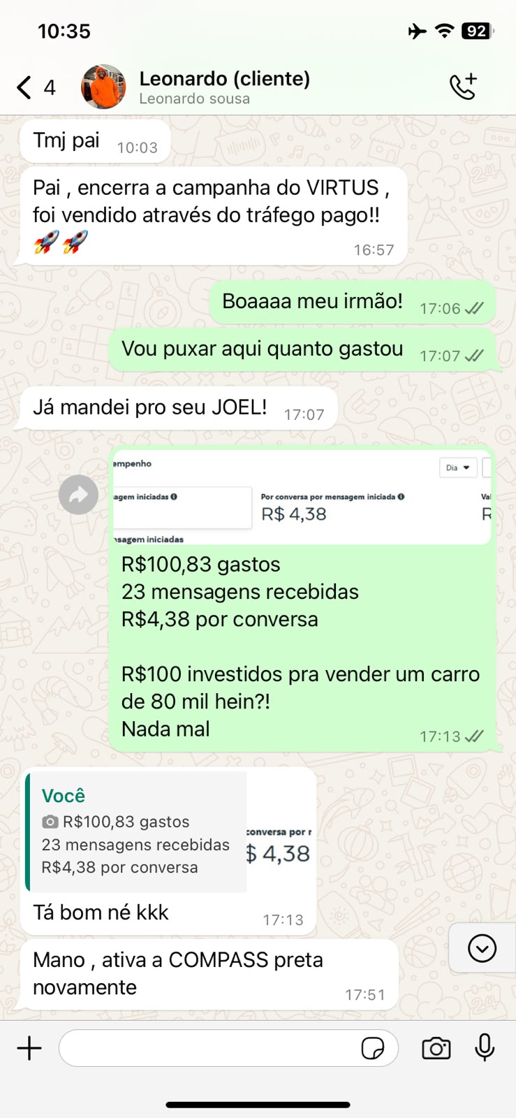 Print de conversa confirmando venda pelo tráfego pago 5